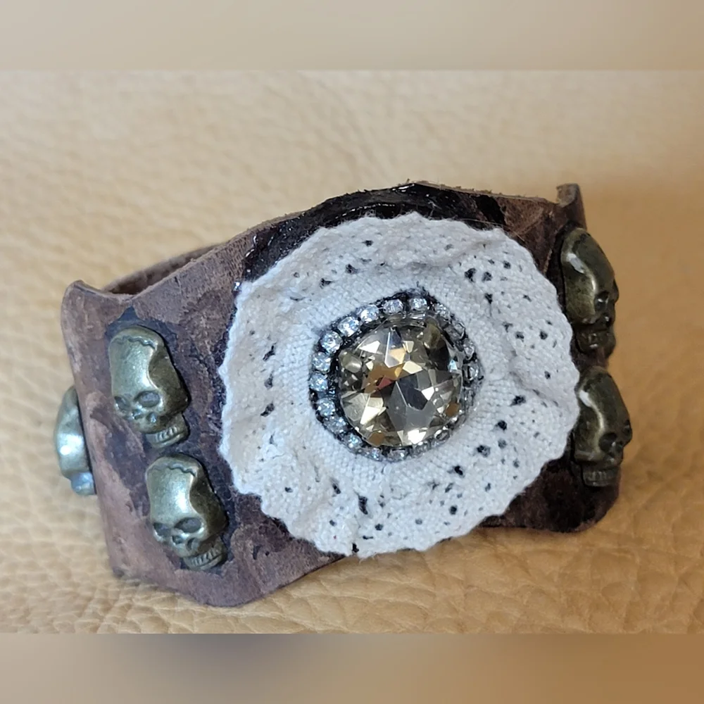Leather & Lace Cuff Bracelet With Skulls & Crystal Rhinestones Handmade - Picture 4 of 12